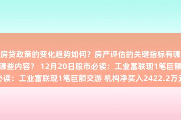 房贷政策的变化趋势如何？房产评估的关键指标有哪些？置业指南应包含哪些内容？ 12月20日股市必读：工业富联现1笔巨额交游 机构净买入2422.2万元